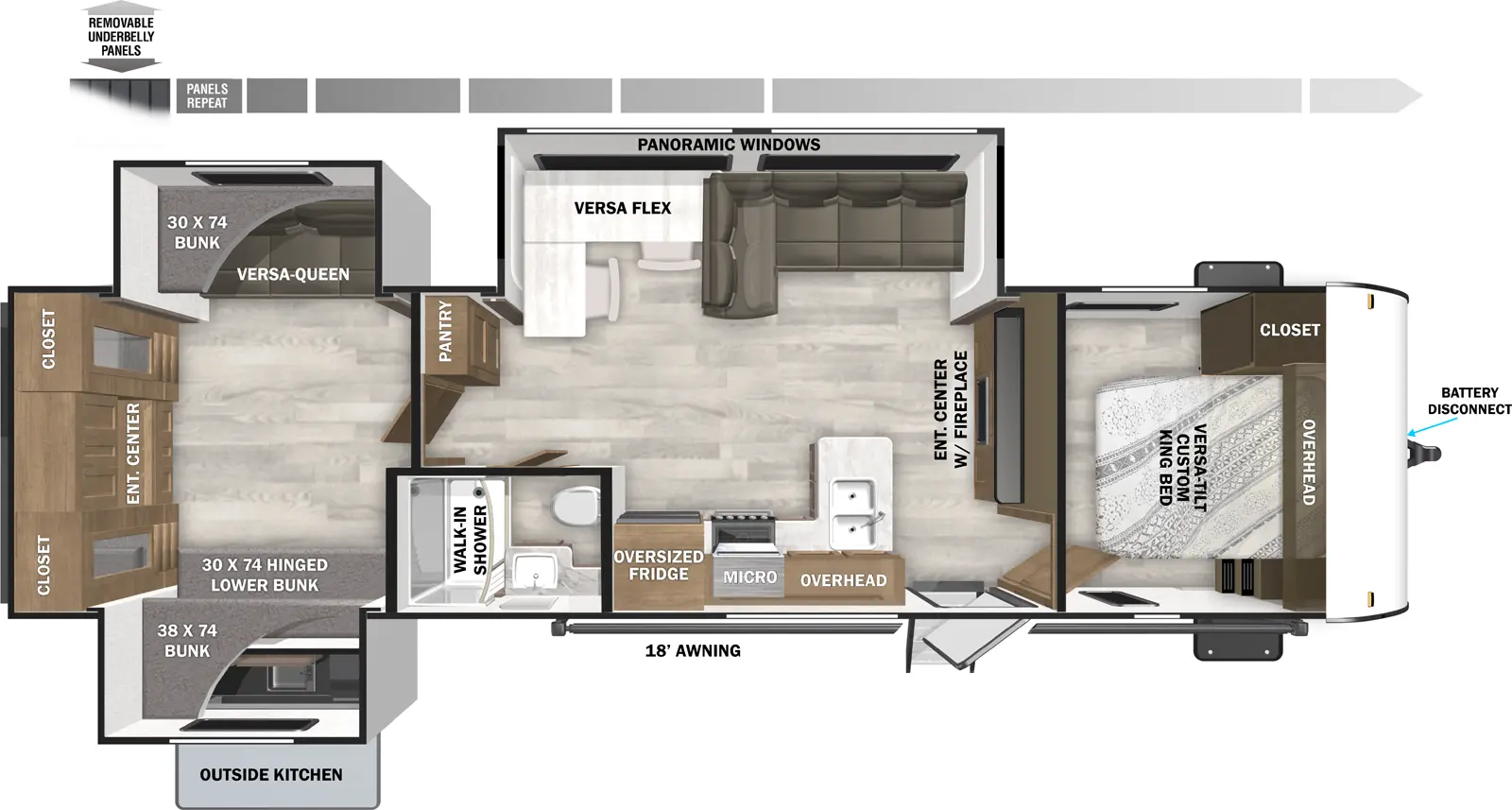 The Wildwood 31KQBTS has one entry and three slide outs. Exterior features include: metal or fiberglass exterior, 18' awning and outside kitchen. Interiors features include: bunk beds and front bedroom.